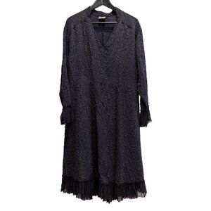 Vintage URU 100% Silk Jaquard Ruffle Long Sleeve Whimsygoth Midi Shirt Dress XL